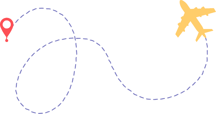 Airplane flying over a dotted travel route on a map.